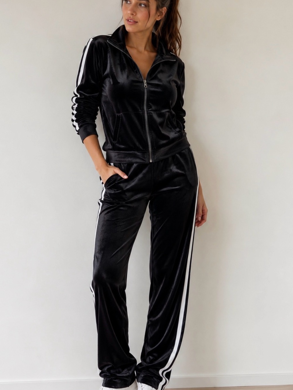 Norma Kamali Black Track Joggers with White Side Stripes